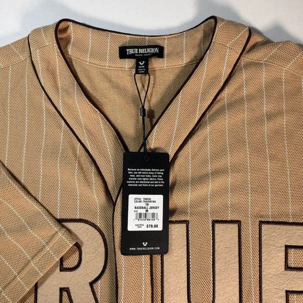 True‎ Religion Mens Baseball Jersey Tan Stripe Short Sleeve Button Up Size M NWT
